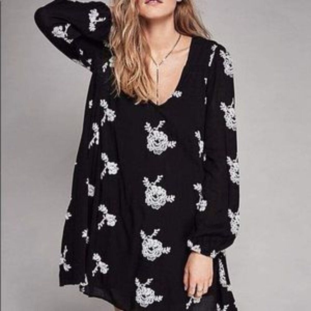Free People Embroidered Austin Mini Dress in Black - Size Small - Boho Hippie